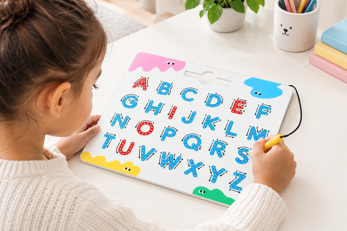 Child practicing letters with a magnetic tracing board